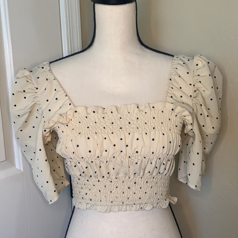 Love Tree | Cream and Black Polka Dot Crop Top | M